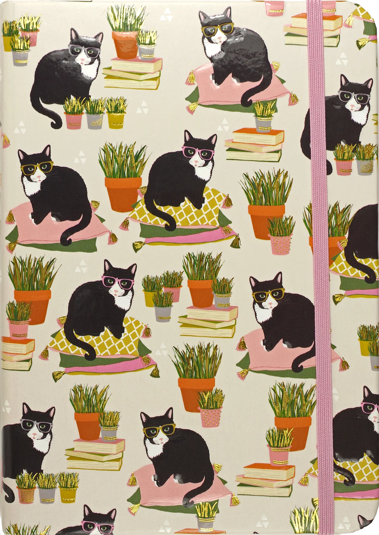 Peter Pauper Press Small Journal Smarty Cats Notebook with cat and plant pattern on a beige background