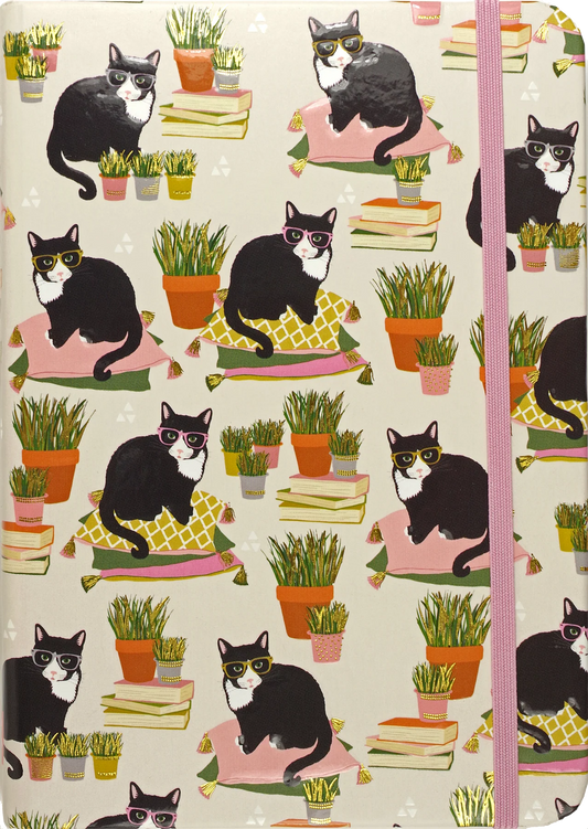 Peter Pauper Press Small Journal Smarty Cats Notebook with cat and plant pattern on a beige background