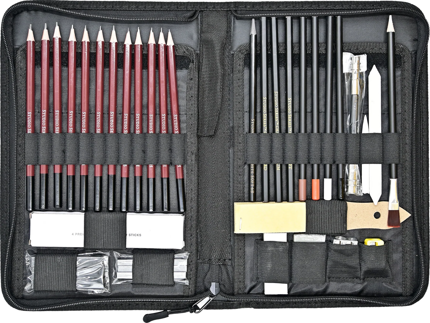Peter Pauper Press Studio Series 40pc Travel Sketch Kit Art supply set with pencils, brushes, and other tools in a black case