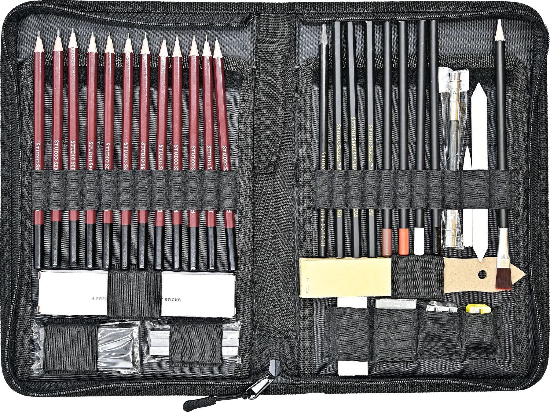 Peter Pauper Press Studio Series 40pc Travel Sketch Kit Art supply set with pencils, brushes, and other tools in a black case