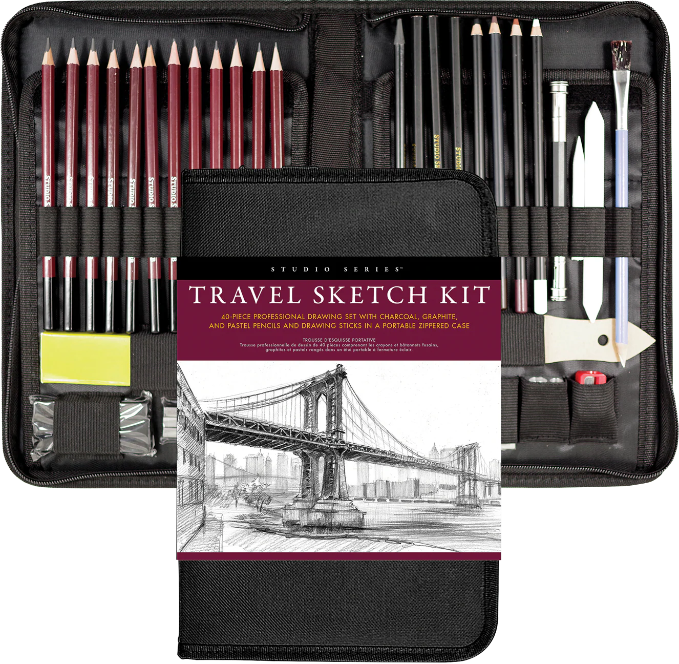 Peter Pauper Press Studio Series 40pc Travel Sketch Kit  with art supplies in a black case