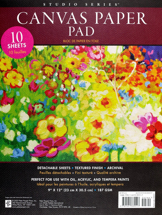 Peter Pauper Press Studio Series Canvas Paper Pad 10 Sheets with floral design and product details on packaging
