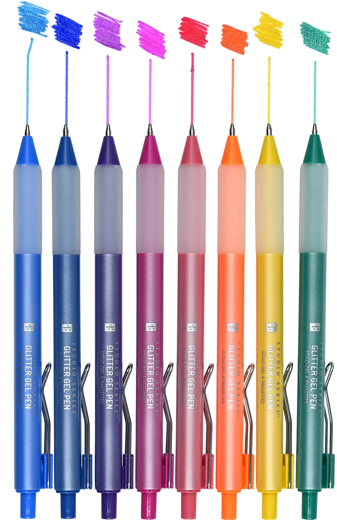 Set of colorful Peter Pauper Press Studio Series Glitter Gel Pens 8pk gel pens with visible ink samples on a white background
