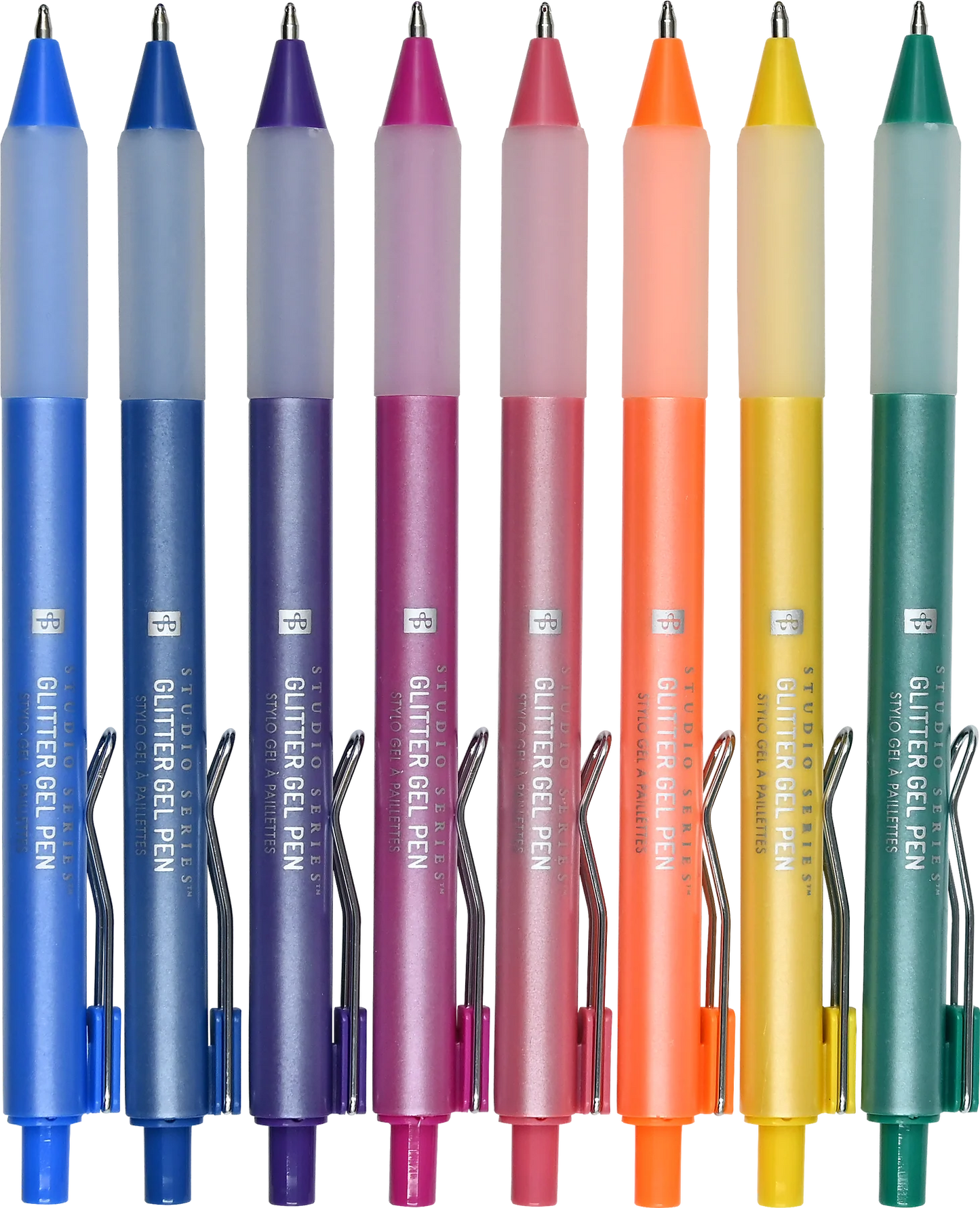 Set of colorful Peter Pauper Press Studio Series Glitter Gel Pens 8pk glitter gel pens with visible brand name on a white background