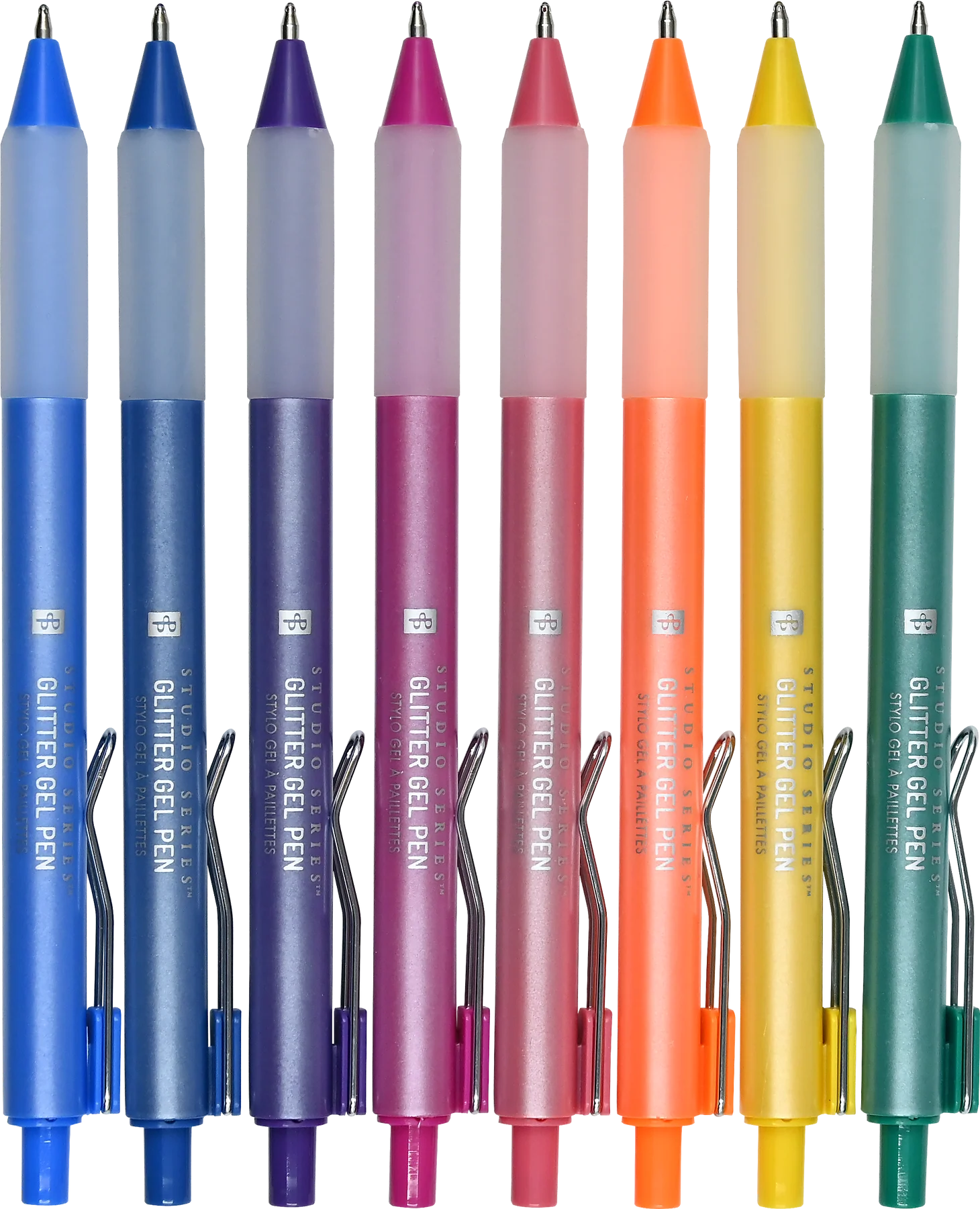Set of colorful Peter Pauper Press Studio Series Glitter Gel Pens 8pk glitter gel pens with visible brand name on a white background