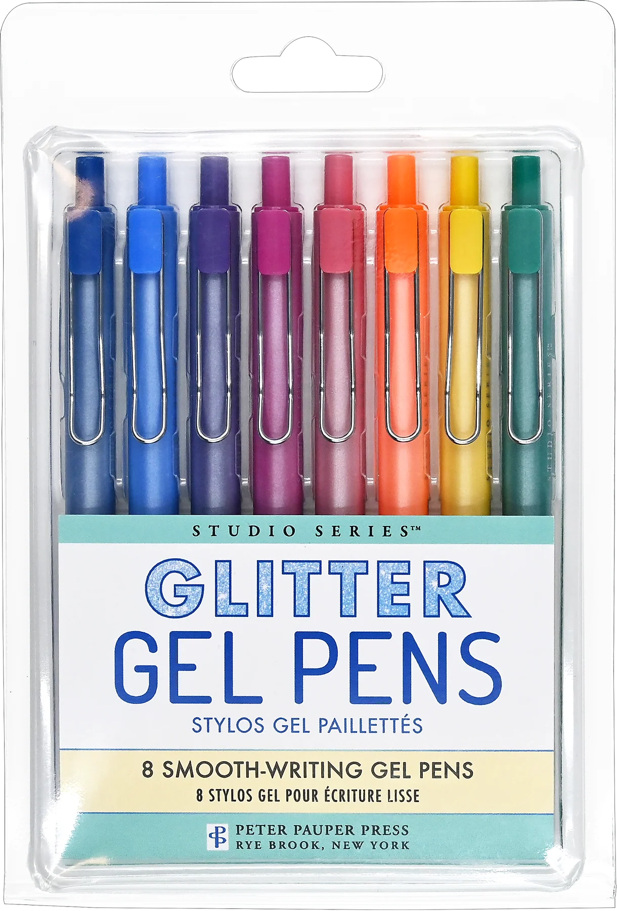 Pack of Peter Pauper Press Studio Series Glitter Gel Pens 8pk  in a clear packaging.