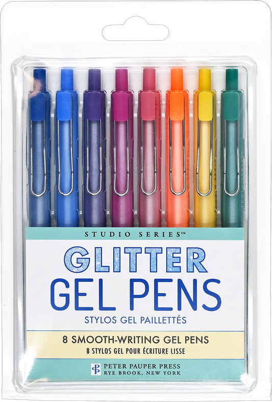 Pack of Peter Pauper Press Studio Series Glitter Gel Pens 8pk  in a clear packaging.