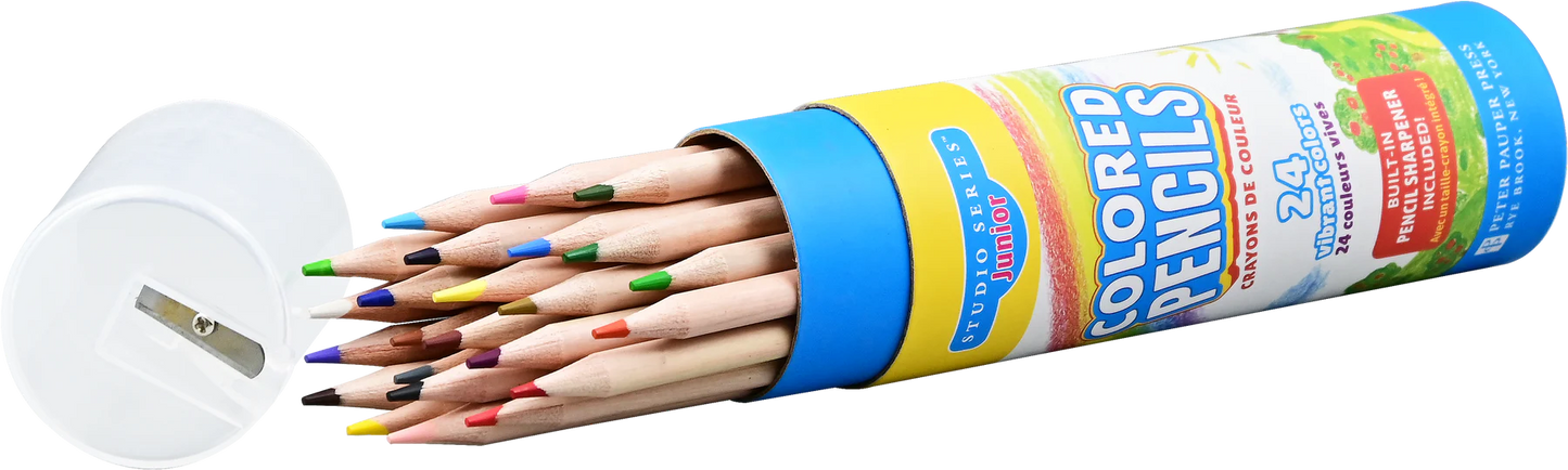 Set of colored pencils in a cylindrical holder with a sharpener on a white background