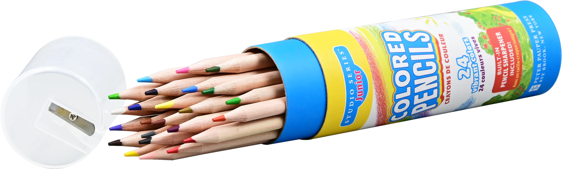 Set of colored pencils in a cylindrical holder with a sharpener on a white background