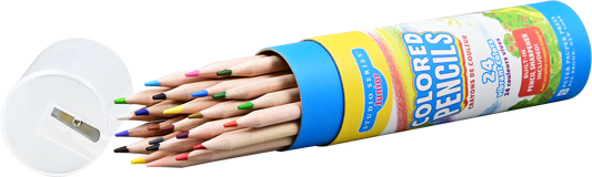 Set of colored pencils in a cylindrical holder with a sharpener on a white background