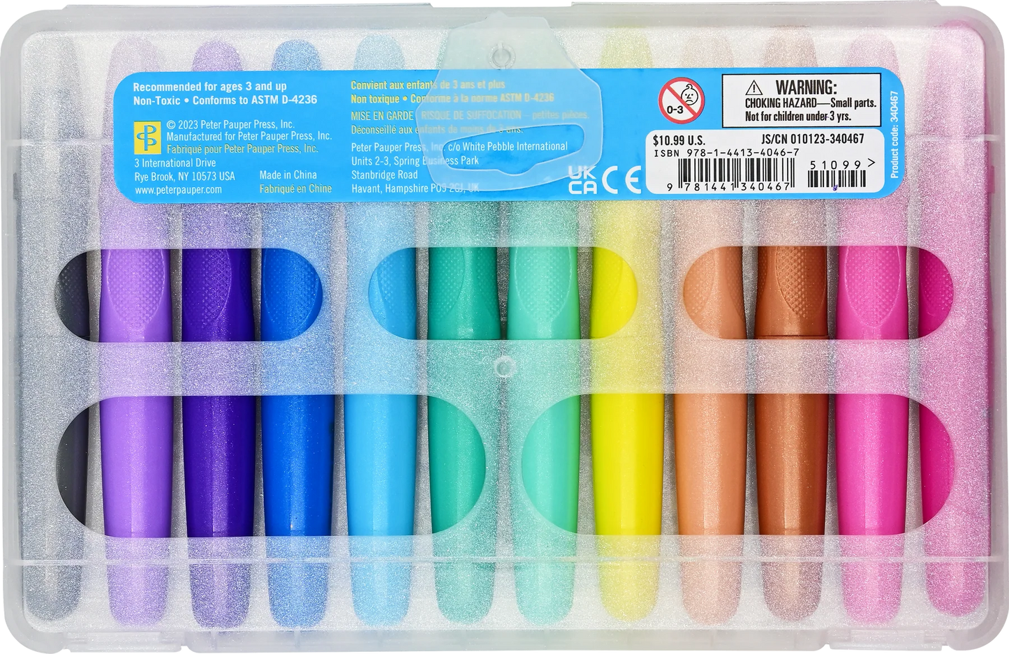 Back of case of Peter Pauper Press Studio Series Junior Shimmer Gel Crayons