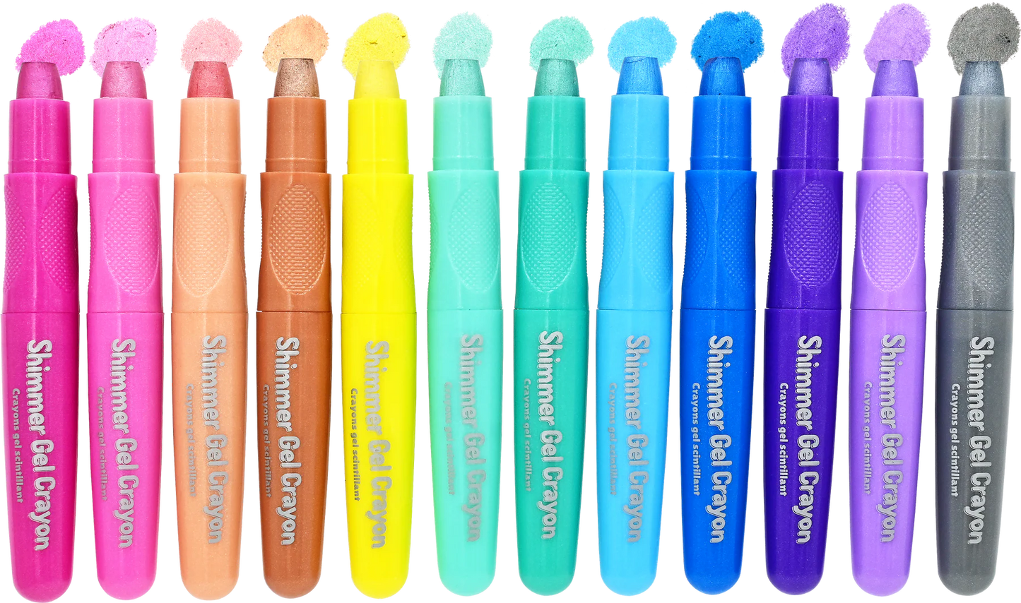 Set of 12 shimmer gel crayons in various colors with caps on a white background