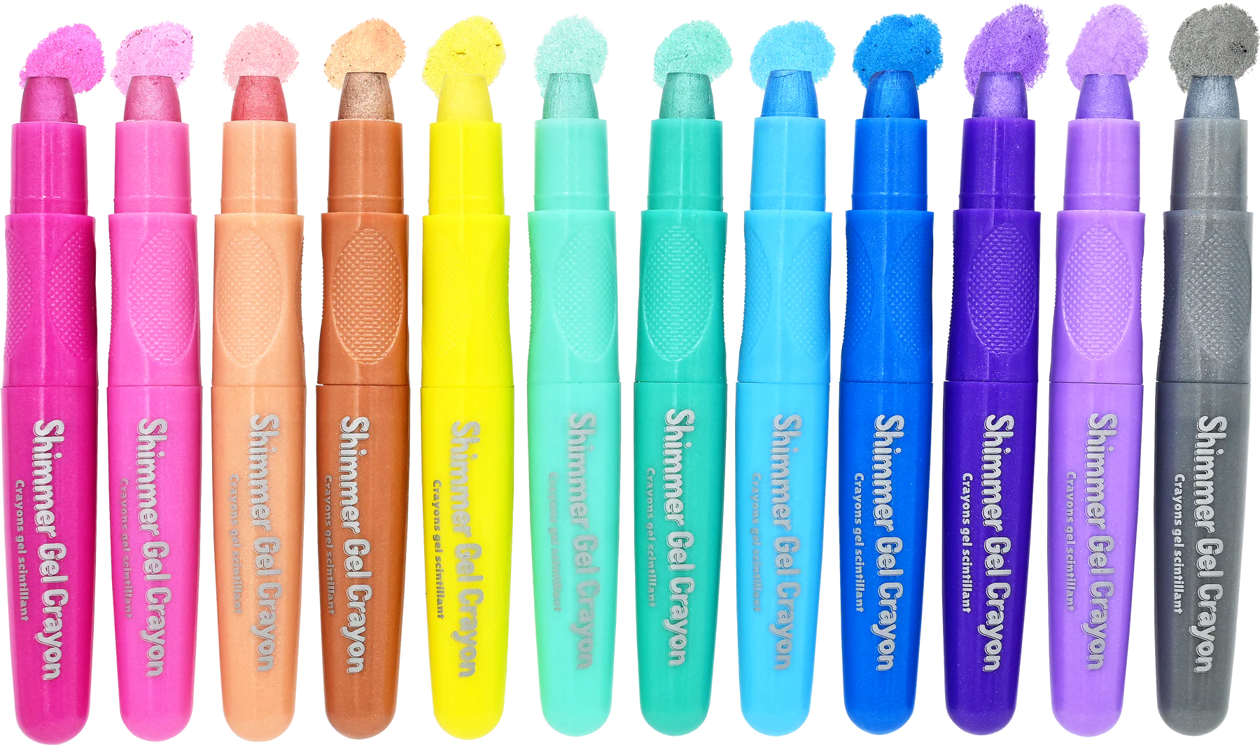 Set of 12 shimmer gel crayons in various colors with caps on a white background