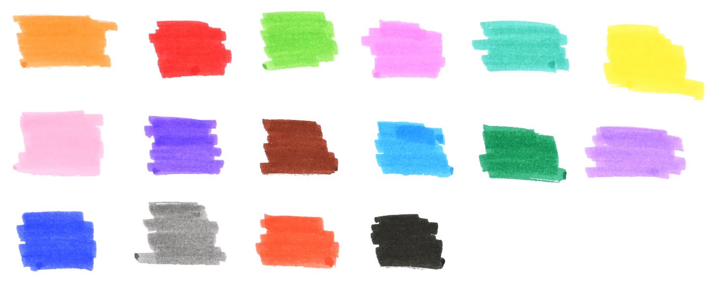 Set of colorful Peter Pauper Press Studio Series Junior Washable Munchkin Markers strokes on a white background
