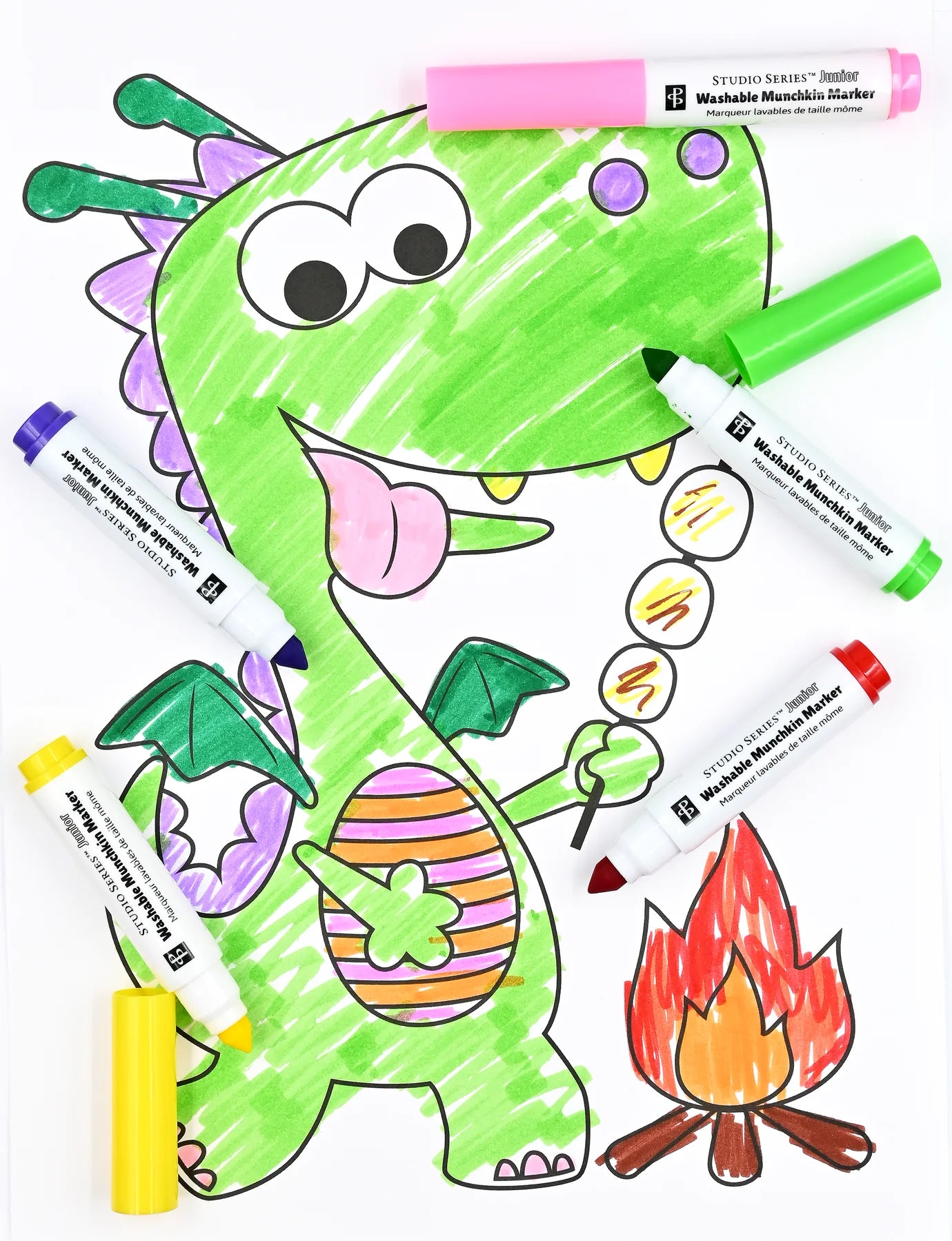 Colorful dinosaur drawing with Peter Pauper Press Studio Series Junior Washable Munchkin Markers on a white background