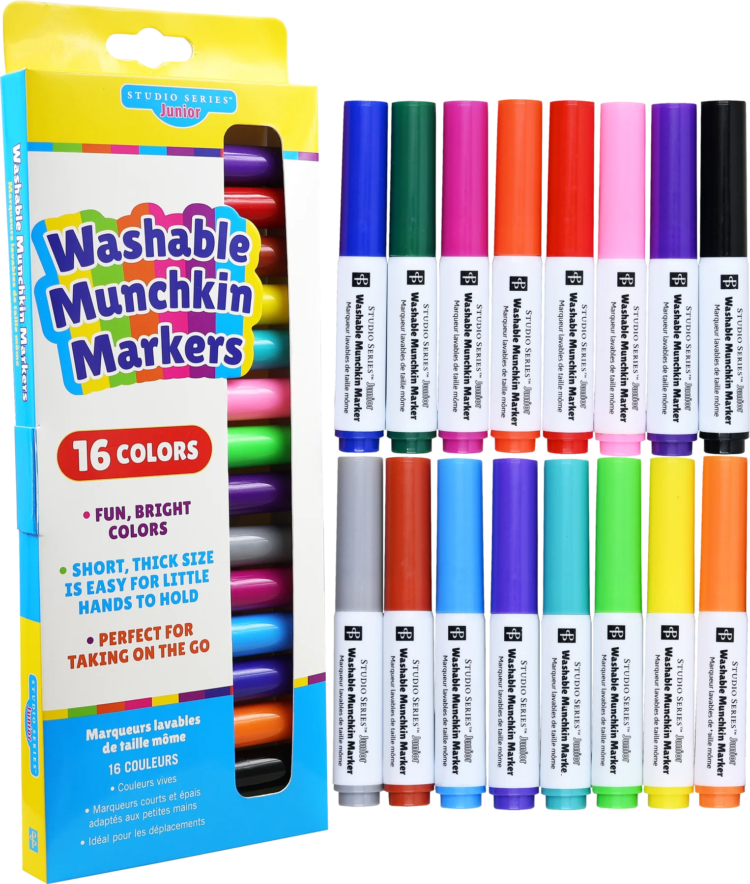 Set of Peter Pauper Press Studio Series Junior Washable Munchkin Markers with packaging on a white background