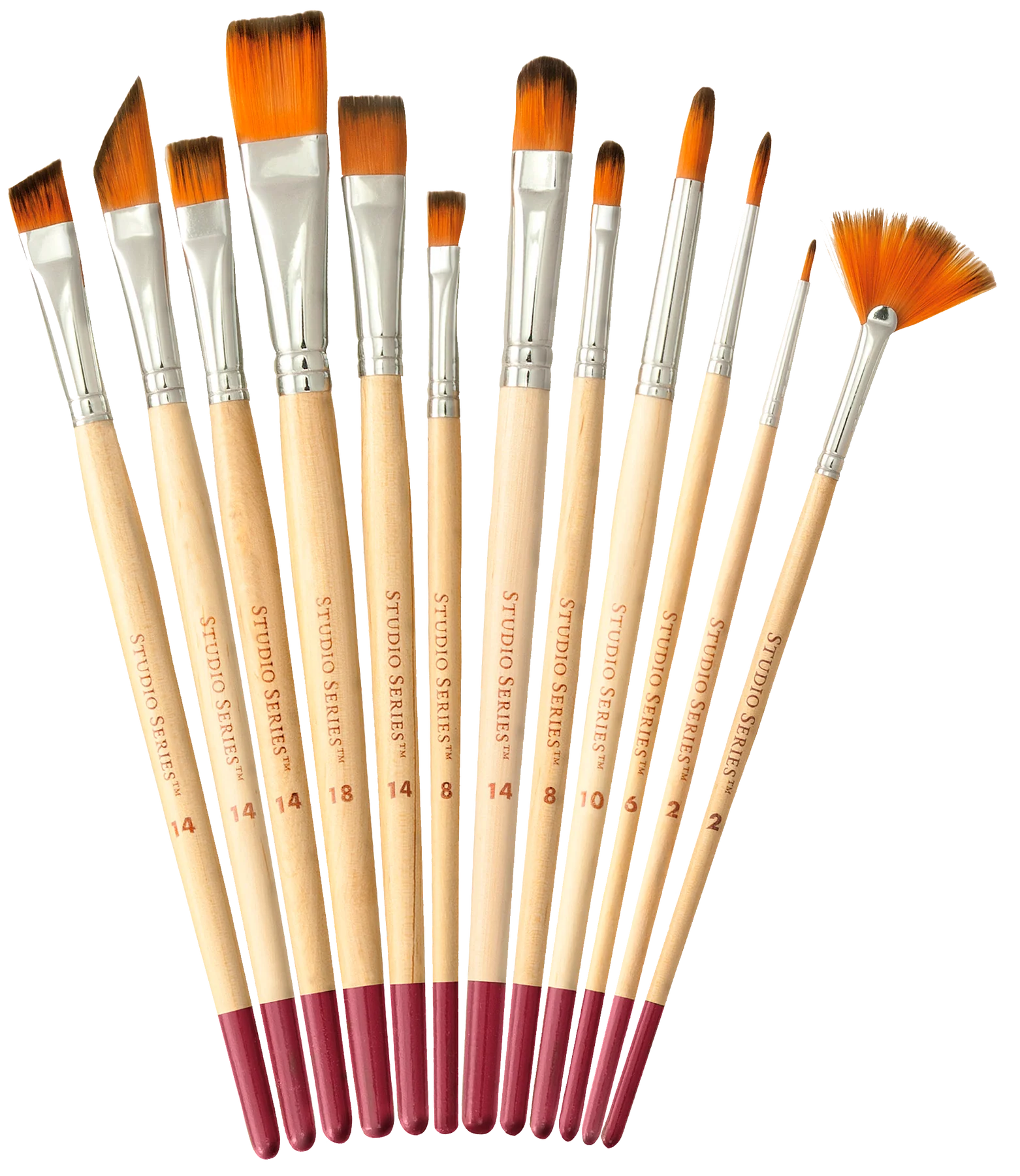 Set of pPeter Pauper Press Studio Series Nylon Artist's Brush Set 12pc paint brushes with wooden handles and red bristle ends on a white background