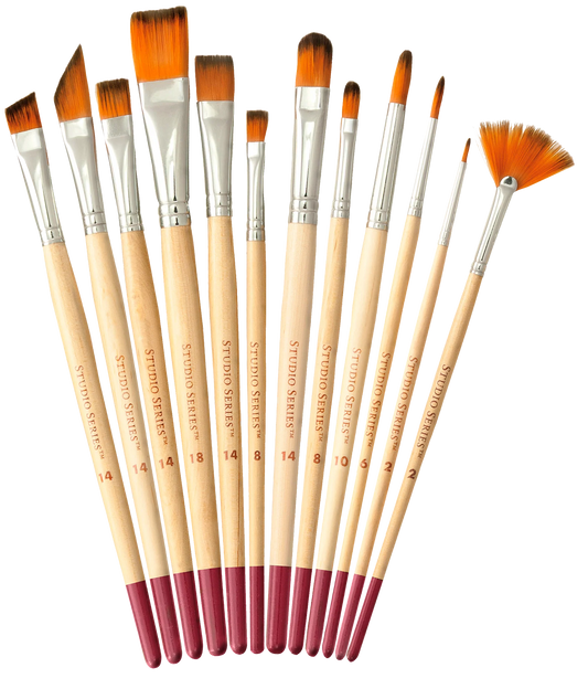 Set of pPeter Pauper Press Studio Series Nylon Artist's Brush Set 12pc paint brushes with wooden handles and red bristle ends on a white background