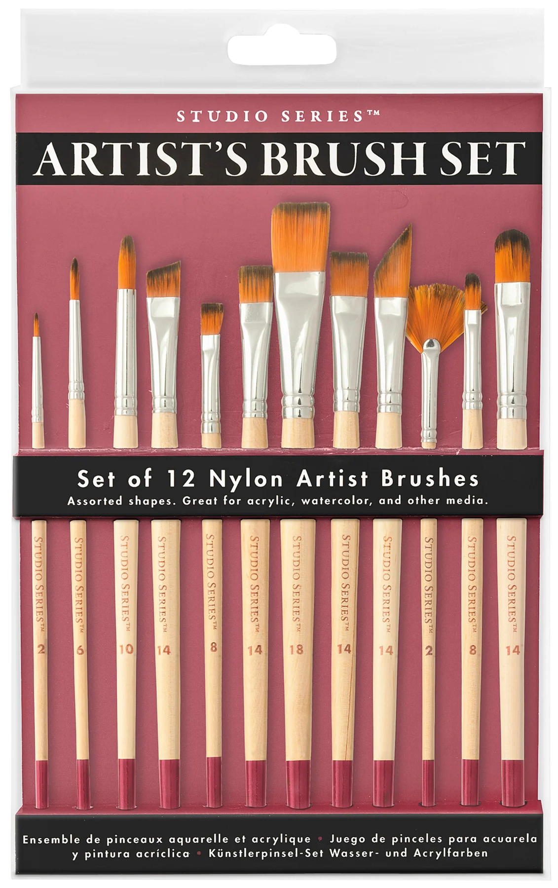 Set of 12 nylon artist brushes in packaging with 'Studio Series' branding.