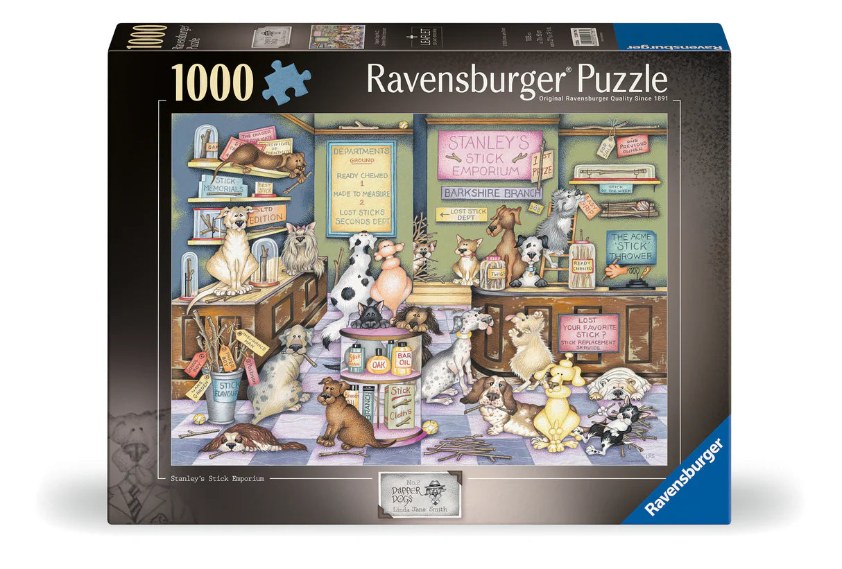 Ravensburger puzzle box with a dog-themed design on a black background