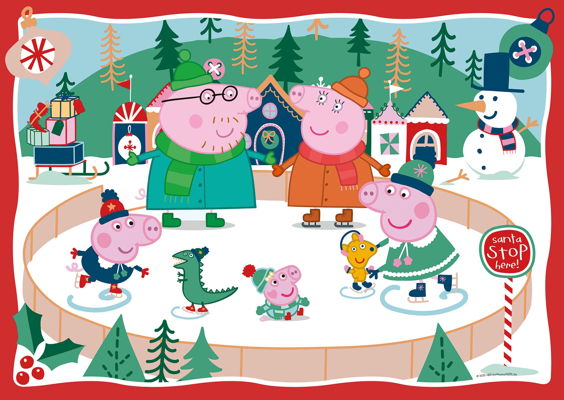 Completed Peppa Pig Snow Much Fun 24pc floor puzzle featuring Peppa Pig characters ice-skating on frozen pond