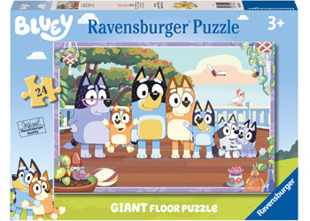 Ravensburger Bluey Family Time Giant Floor Puzzle 24-piece featuring Bluey, Bingo, Mum Chilli, Dad Bandit and friends in a garden scene – large floor puzzle for kids aged 3+