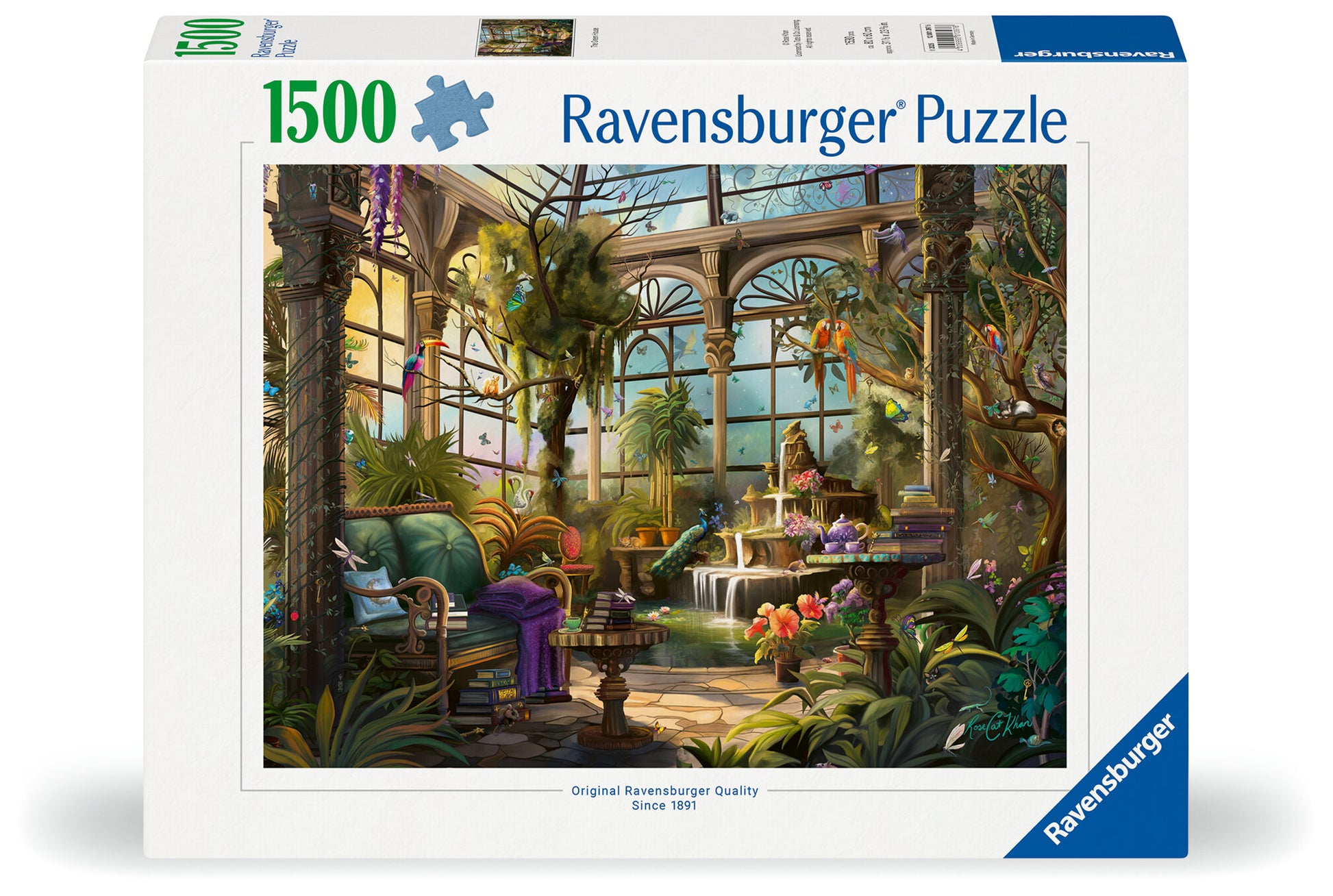 Ravensburger 1500pc Puzzle Box with art by Rose Khan featuring a greenhouse.