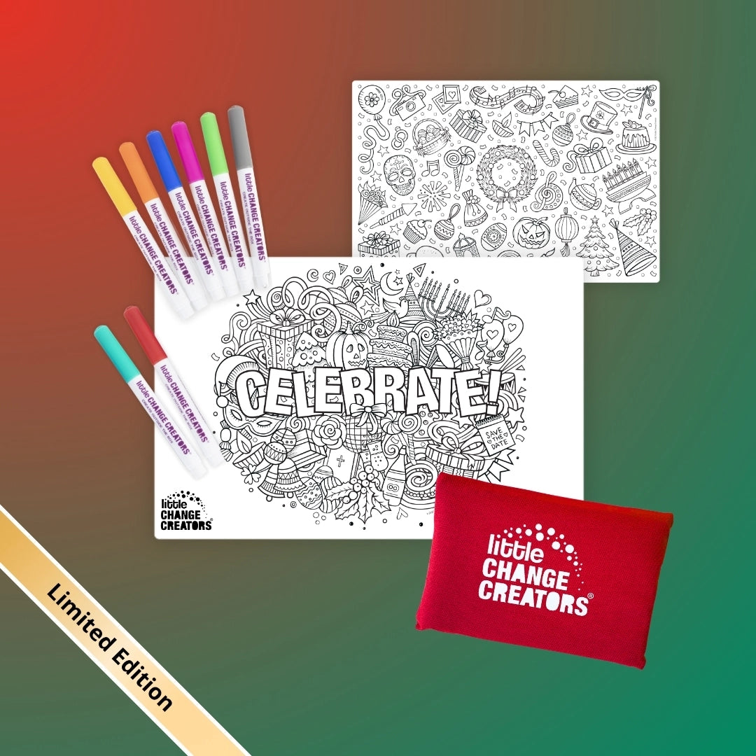Re-Fun-able Pocket Colouring Set Celebrate Edition – reusable festive colouring kit with baubles, presents and other celebratory images