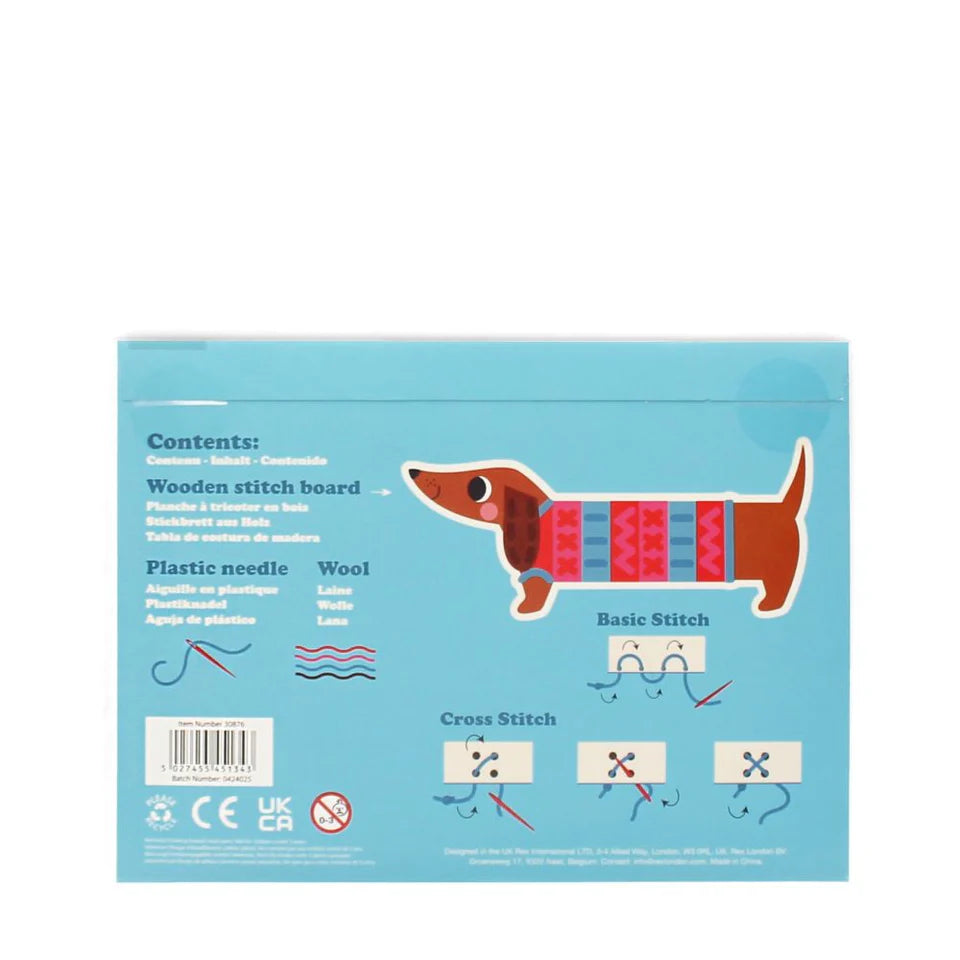 Packaging for a craft kit Learn to sew from Rex London with a dachshund illustration on a blue background