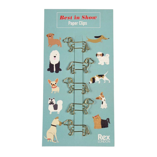 Pack of paper clips with dog illustrations on a blue background, branded 'Rex London'.