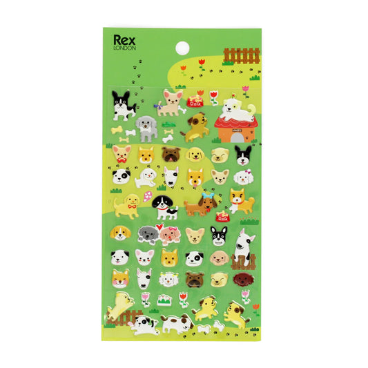 Sheet of dog-themed stickers with 'Rex London' branding on a green background