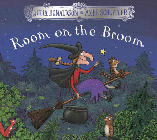 Cover of Room on the Broom by Julia Donaldson & Axel Scheffler – picture book of a witch, her cat and animal friends on a broomstick in colourful scene for children aged 3-7.