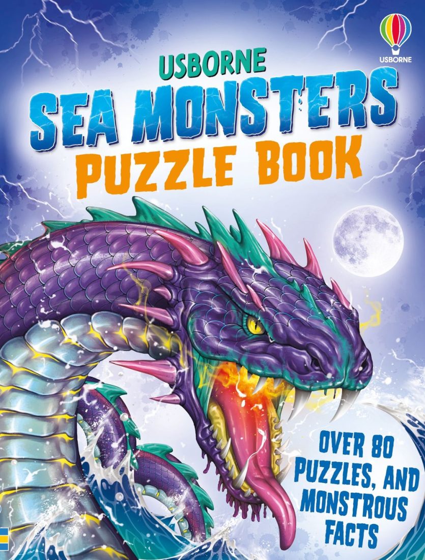 Cover of Sea Monsters Puzzle Book showing vivid sea-monster illustrations and puzzles – themed activity book for children aged 7+