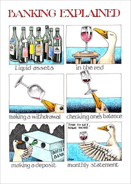 Simon Drew Greeting Card – Banking Explained featuring humorous financial satire illustration, printed in Australia.