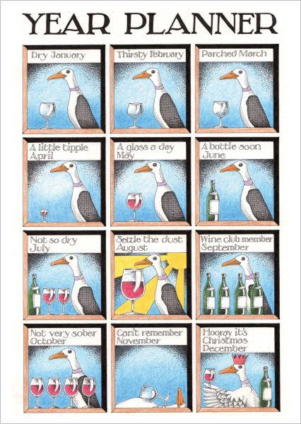 Simon Drew Greeting Card – Year Planner featuring humorous illustrated calendar design, printed in Australia.