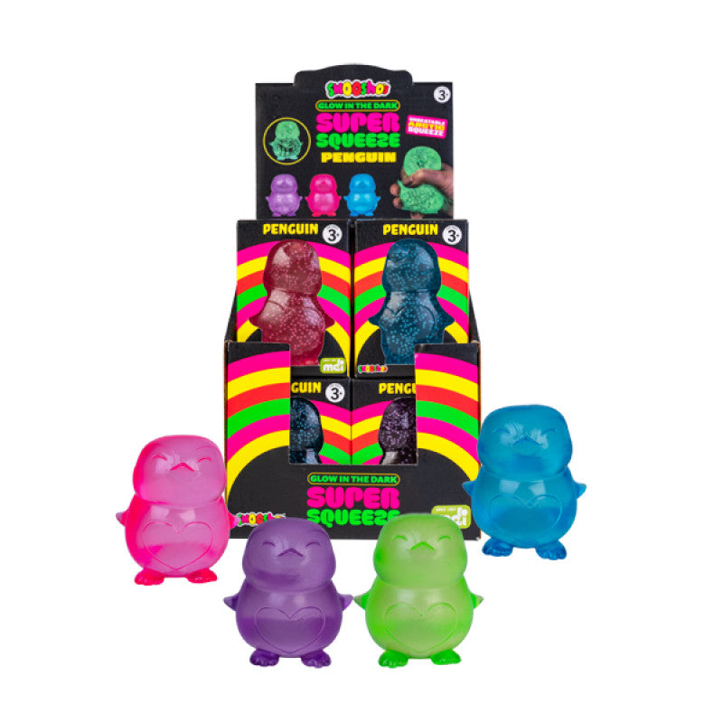 Glow-in-the-dark Smoosho's Super Squeeze Penguin penguin-shaped toys with packaging on a white background