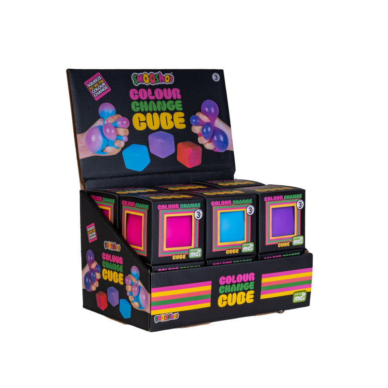 Box of Smooshos Colour Change Cubes with colorful packaging on a white background