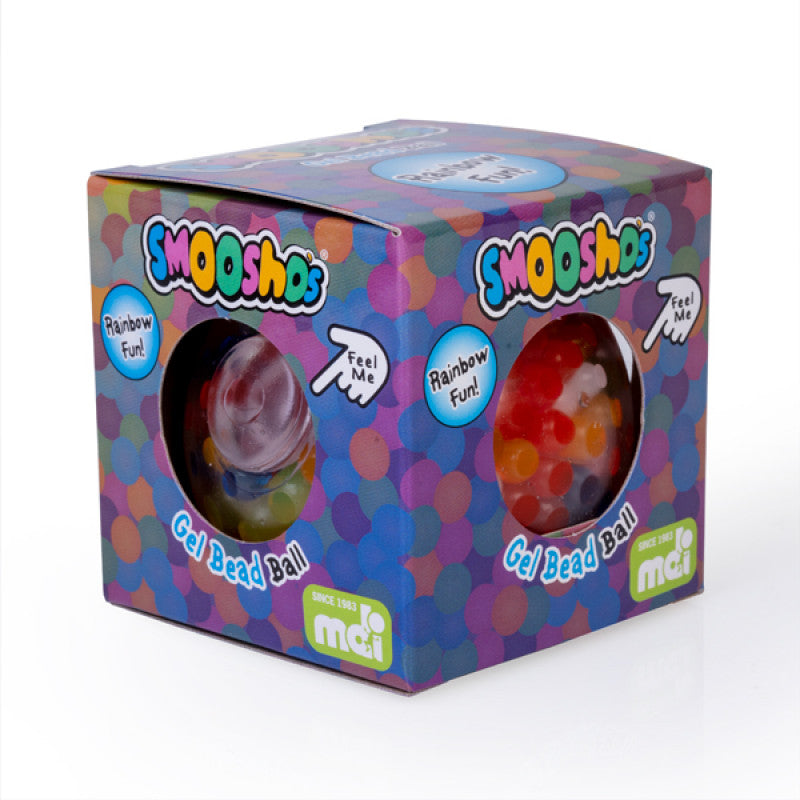 Colorful packaging of Smooshies gel bead balls with clear window showing product.