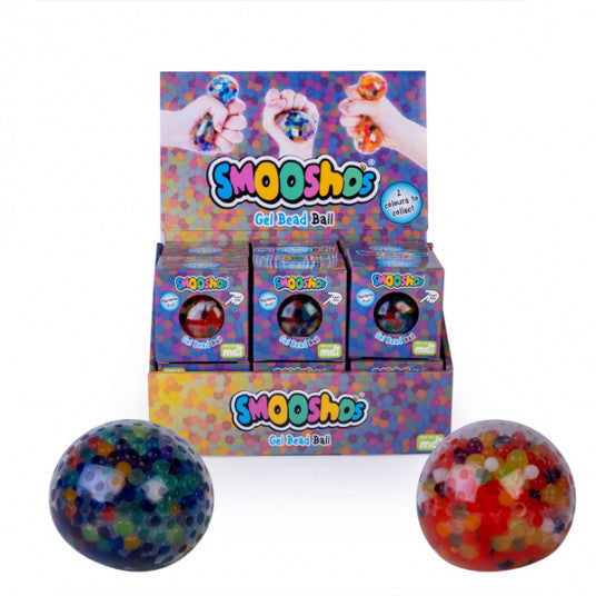Display of Smooshies gel bead balls with packaging on a white background