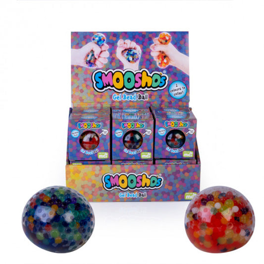 Display of Smooshies gel bead balls with packaging on a white background