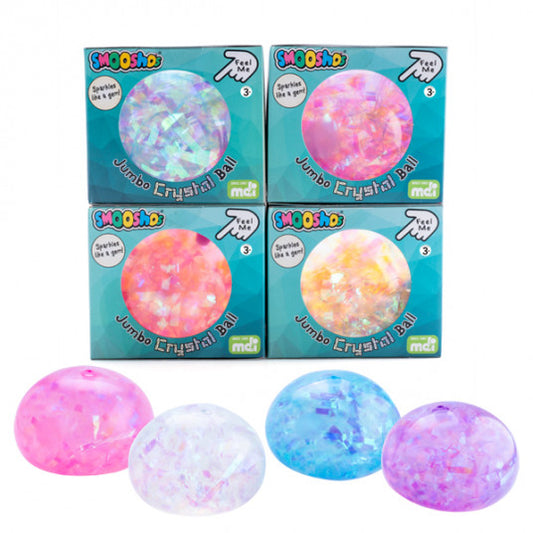 Four boxes of Smoocho Jumbo Crystal Balls with colorful balls displayed in front.