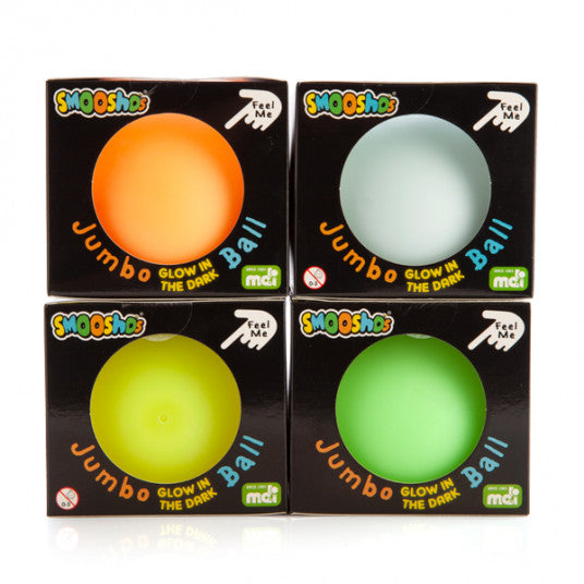 Four boxes of Smooshies Jumbo Glow in the Dark Balls in orange, blue, green, and yellow on a white background.