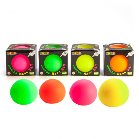 Four Jumbo-sized Smoosho neon-colored balls in front of their packaging boxes on a white background
