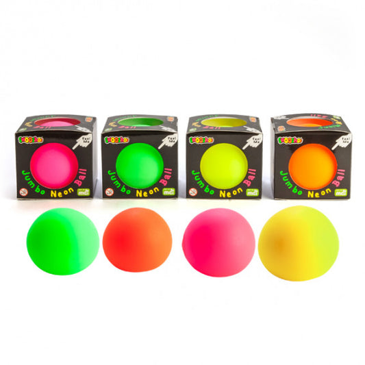 Four Jumbo-sized Smoosho neon-colored balls in front of their packaging boxes on a white background