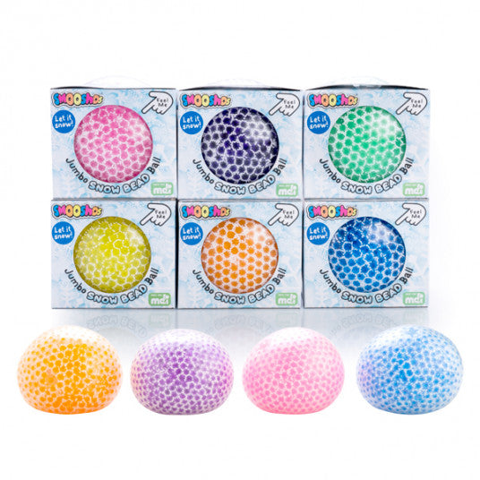 Set of colorful Smoosho's jumbo snow bead balls with their packaging on a white background