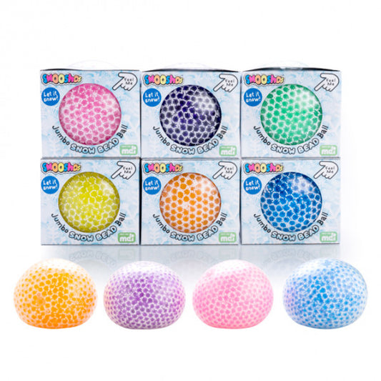 Set of colorful Smoosho's jumbo snow bead balls with their packaging on a white background
