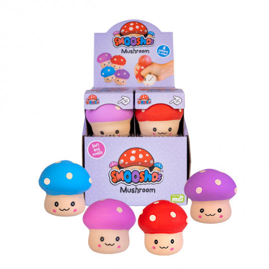 Colorful mushroom-shaped squishy toys with Smooshos branding on a white background