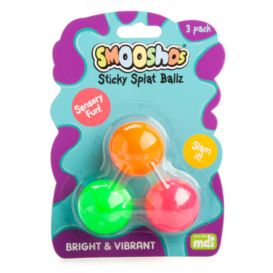 Packaged Sticky Splat Ballz with colorful balls and Smooshies branding on a white background