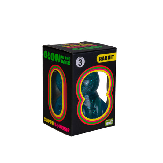 Smooshos Super Squeeze Glow In The Dark Bunny in packaging with colorful text and branding.