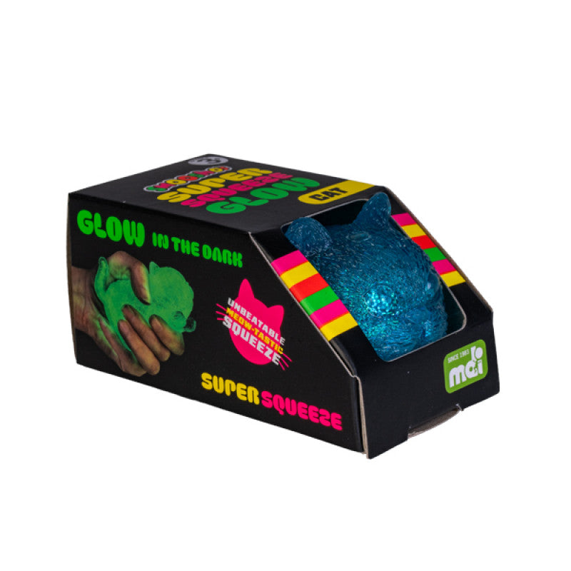 Super Squeeze toy packaging with a blue and green cat on a white background